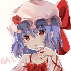Rule 34 | 1girl, :p, blue hair, blush, bow, chinese commentary, choker, collarbone, commentary request, dress, flower, hair between eyes, hand up, hat, hat bow, hat flower, head tilt, highres, looking at viewer, mob cap, nail polish, pink dress, pink hat, puffy short sleeves, puffy sleeves, red bow, red choker, red eyes, red flower, red nails, red rose, remilia scarlet, rose, short hair, short sleeves, simple background, solo, tongue, tongue out, touhou, upper body, white background, youliqi