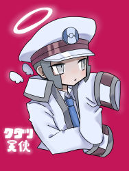 Rule 34 | 1boy, :t, angel, averting eyes, blue necktie, blush, character name, closed mouth, coat, collared shirt, creatures (company), detached wings, emmet (pokemon), game freak, grey eyes, grey hair, halo, hand up, hat, highres, japanese text, light blush, long sleeves, looking to the side, male focus, matching hair/eyes, milk (milk319319), mini wings, necktie, nintendo, open clothes, open coat, peaked cap, pokemon, pokemon bw, pout, red background, shirt, short hair, sidelocks, simple background, sleeves past fingers, sleeves past wrists, solo, translated, upper body, white coat, white hat, white shirt, white wings, wings