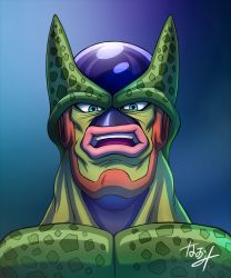 Rule 34 | 1boy, blue background, blue eyes, cell (dragon ball), commentary request, dragon ball, dragonball z, looking at viewer, male focus, naomi (nplusn), open mouth, semi-perfect cell, signature, solo, teeth, upper body, upper teeth only