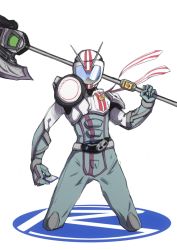Rule 34 | 1boy, antennae, armor, axe, belt, card, fusion, helmet, holding, holding card, id card, kamen rider, kamen rider chaser, kamen rider drive (series), kamen rider mach, male focus, mask, over shoulder, scarf, shoulder pads, solo, spoilers, symbol, tire, wakigami taine, weapon, weapon over shoulder, white background