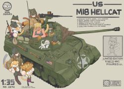 Rule 34 | .50 bmg, 19vodnik, :3, absurdres, american flag, ammunition, animal ears, anti-materiel cartridge, axe, black tank top, blonde hair, browning m2, canteen, cat ears, cat girl, cat tail, character request, chibi, english text, explosive, gloves, green jacket, grey background, gun, heavy machine gun, highres, hmg cartridge, jacket, m18 hellcat, m1 carbine, m3 submachine gun, machine gun, military, military vehicle, model kit, motor vehicle, mp40, neco-arc, purple skirt, rifle cartridge, shirt, skirt, submachine gun, tail, tank, tank top, tnt, tsukihime, united states army, weapon, white shirt, yellow gloves
