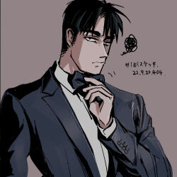 Rule 34 | 1boy, adjusting bowtie, black bow, black bowtie, black eyes, black hair, black jacket, bow, bowtie, brown background, closed mouth, collared shirt, commentary request, dated, formal, frown, jacket, kaiji, long sleeves, looking at viewer, male focus, medium bangs, murakami tamotsu, shirt, short hair, simple background, solo, squiggle, suit, unknown03162, upper body, white shirt
