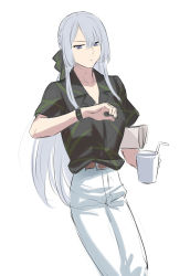 Rule 34 | 1girl, ak-15 (girls&#039; frontline), black shirt, braid, closed mouth, collarbone, cup, feet out of frame, girls&#039; frontline, hair ribbon, highres, holding, holding cup, long hair, looking down, pants, paper, purple eyes, ribbon, shirt, silayloe, silver hair, solo, standing, watch, white background, white pants