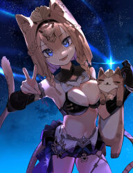 Rule 34 | 1girl, absurdres, animal ear fluff, animal ears, armpits, bare shoulders, black bra, black gloves, black hairband, blue eyes, blue sky, bra, braid, braided sidelock, breasts, brown cat, brown hair, cat, cat girl, cat tail, cleavage, commentary request, detached collar, detached sleeves, double-parted bangs, elbow gloves, gloves, hair between eyes, hairband, hands up, highres, honkai (series), honkai impact 3rd, large breasts, layered skirt, looking at viewer, midriff, multiple braids, navel, night, night sky, open mouth, pardofelis (honkai impact), shooting star, single detached sleeve, single elbow glove, single glove, skirt, sky, smile, star (sky), starry sky, tail, underwear, v, yuhezi