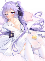 Rule 34 | 1girl, ahoge, azur lane, backless dress, backless outfit, bare shoulders, bed sheet, blush, butt crack, commentary, detached sleeves, dress, feet, feet on toy, holding with feet, hair bun, hair ornament, hecha (01964237), highres, looking at viewer, lying, manjuu (azur lane), on bed, on stomach, one side up, pillow, purple eyes, purple hair, shoulder blades, side bun, sidelocks, single side bun, solo, symbol-only commentary, thighhighs, toes, unicorn, unicorn (azur lane), white background, white dress, white thighhighs