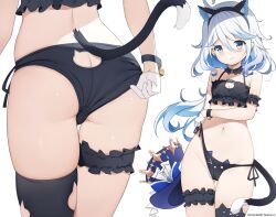 Rule 34 | 1girl, adjusting clothes, adjusting panties, animal ears, ass, ass cutout, blue eyes, blue hair, breasts, bridal garter, butt crack, cat cutout, cat ear panties, cat ears, cat lingerie, cat tail, chintora0201, cleavage, cleavage cutout, closed mouth, clothing cutout, commentary, embarrassed, english commentary, fake animal ears, furina (genshin impact), genshin impact, gloves, hair between eyes, half gloves, hat, holding, holding clothes, holding hat, light blue hair, long hair, looking at viewer, low ponytail, meme attire, multiple views, navel, paid reward available, panties, side-tie panties, skindentation, small breasts, tail, underwear, very long hair, white gloves, white hair