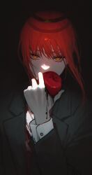 Rule 34 | 1girl, black suit, chainsaw man, covered mouth, dark background, food, formal, fruit, halo, highres, holding, holding food, holding fruit, looking at viewer, makima (chainsaw man), red hair, ringed eyes, sidelocks, simple background, solo, solraka, suit, upper body, yellow eyes