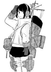 Rule 34 | 1girl, adapted costume, alternate costume, chitosan, earmuffs, fubuki (kancolle), gloves, greyscale, highres, jacket, kantai collection, low ponytail, machinery, medium hair, monochrome, pleated skirt, salute, short ponytail, skirt, solo, torpedo launcher