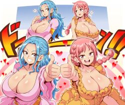 Rule 34 | 2girls, blue hair, braid, breasts, cleavage, commentary, dress, earrings, highres, jewelry, large breasts, lewdamone, long hair, multiple girls, nefertari vivi, one piece, pink eyes, pink hair, rebecca (one piece), smile, symbol-only commentary, teeth, thumbs up