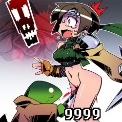Rule 34 | 1girl, armor, asymmetrical legwear, blood, bottomless, breasts, brown hair, cannsk, chest strap, clitoris torture, crop top, damage numbers, ero guro, fake screenshot, feet out of frame, final fantasy, final fantasy vii, fingerless gloves, gloves, green shirt, guro, headband, injury, knife, midriff, open mouth, orange gloves, revision, ryona, shirt, skull, surprised, sweat, tears, tonberry, wide-eyed, yuffie kisaragi