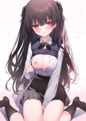 Rule 34 | 1girl, between legs, blush, bow, bowtie, breasts, brown hair, hair bow, hair ornament, hand between legs, hisagi (puchimaple), long hair, long sleeves, looking at viewer, medium breasts, nipples, open clothes, open shirt, original, pleated skirt, red eyes, school uniform, see-through, see-through shirt, shirt, simple background, sitting, skirt, smile, socks, solo, wariza, white background, white shirt
