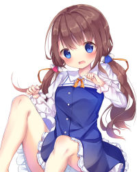 Rule 34 | 10s, 1girl, bad id, bad pixiv id, blue dress, blue eyes, blush, brown hair, commentary request, dress, hair between eyes, hair ribbon, head tilt, highres, hinatsuru ai, layered sleeves, long hair, long sleeves, looking at viewer, low twintails, no headwear, open mouth, orange neckwear, puffy short sleeves, puffy sleeves, ribbon, ryuuou no oshigoto!, school uniform, short over long sleeves, short sleeves, simple background, sitting, solo, tsuruse, twintails, very long hair, white background, yellow ribbon