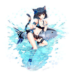 Rule 34 | 1girl, :d, animal ears, arm garter, bad id, bad pixiv id, bare shoulders, barefoot, bikini, black bikini, black hair, blue bow, blue flower, blue ribbon, blue rose, blunt bangs, blush, bow, breasts, bridal garter, brown eyes, cat ears, cat girl, cat tail, cleavage, collarbone, commentary request, fangs, fingernails, flower, hair flower, hair ornament, hands up, highres, inflatable fish, inflatable toy, jewelry, leg ribbon, looking at viewer, medium breasts, navel, omoomomo, open mouth, original, pendant, ribbon, rose, sample watermark, short hair, signature, smile, solo, sparkle, star (symbol), swimsuit, tail, tail grab, tail ornament, tail ribbon, water, watermark, white background