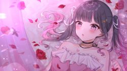 Rule 34 | 1girl, bare shoulders, birthmark, black choker, black hair, blunt bangs, blush, breasts, choker, dress, earrings, flower, gradient hair, hair ornament, hair ribbon, heart, highres, himemiya rie, jewelry, long hair, lying, medium breasts, mole, mole under eye, multicolored hair, nail polish, on back, open mouth, petals, phase connect, pink dress, pink eyes, pink hair, pink nails, pink theme, red flower, red rose, ribbon, rose, rose petals, second-party source, shain, solo, strapless, strapless dress, twintails, upper body, virtual youtuber, white ribbon