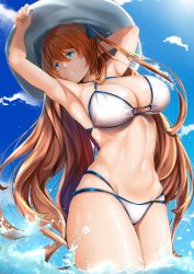 Rule 34 | 1girl, armpits, arms up, bikini, blue eyes, blue ribbon, blue sky, brown hair, chiyo goya, cloud, commentary, cowboy shot, day, english commentary, girls&#039; frontline, hair between eyes, hair ribbon, hand on headwear, hat, head tilt, highres, looking at viewer, looking to the side, navel, official alternate costume, outdoors, parted lips, ribbon, sky, solo, springfield (girls&#039; frontline), springfield (stirring mermaid) (girls&#039; frontline), standing, stomach, swimsuit, two side up, wading, water, white bikini, white hat