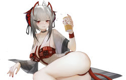 Rule 34 | 1girl, :3, absurdres, ahoge, antennae, arknights, ass, bikini, black choker, blush, can, choker, demon girl, demon horns, demon tail, drunk, female focus, grey hair, hair ornament, hairclip, hand up, highres, holding, holding can, horns, looking at viewer, lying, nail polish, on side, red bikini, red eyes, red nails, red wristband, reiami, short hair, simple background, solo, swimsuit, tail, w (arknights), white background