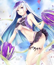 Rule 34 | 1girl, absurdres, artist name, bare shoulders, blunt bangs, breasts, brynhildr (cheer for master) (fate), brynhildr (fate), cheerleader, confetti, fate/grand order, fate/prototype, fate/prototype: fragments of blue and silver, fate (series), feathers, highres, leg up, long hair, looking at viewer, medium breasts, microskirt, navel, no bra, open mouth, pleated skirt, pom pom (cheerleading), purple eyes, rei kun, silver hair, skirt, sky, smile, solo, stomach, thighlet, underboob, very long hair, visor cap