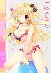 Rule 34 | 1girl, bare shoulders, bikini, blonde hair, bow, breasts, cleavage, frilled bikini, frills, hair bow, hair ornament, hairclip, large breasts, long hair, looking at viewer, mitha, one eye closed, open mouth, original, pink bikini, red eyes, salute, smile, solo, striped bikini, striped clothes, swimsuit, wink