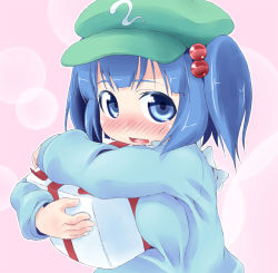 Rule 34 | 1girl, blue eyes, blue hair, blush, breasts, female focus, gift, hair bobbles, hair ornament, hat, holding, holding gift, hug, kawashiro nitori, kusaba, kusaba (kusabashiki), matching hair/eyes, medium breasts, open mouth, short hair, smile, solo, touhou, twintails, two side up
