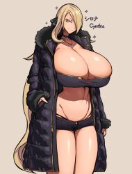 Rule 34 | 1girl, absurdres, alternate breast size, blonde hair, breasts, bursting breasts, coat, collar, creatures (company), cynthia (pokemon), english text, fur collar, game freak, hair ornament, hair over one eye, highres, huge breasts, jewelry, long hair, looking at viewer, midriff, necklace, nintendo, pokemon, pokemon dppt, short shorts, shorts, simple background, strapless, torn clothes, tube top, whale tail (clothing), wolffeld price
