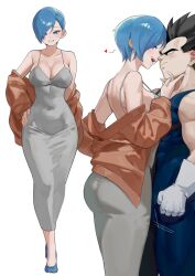 Rule 34 | 1boy, 1girl, black hair, blue eyes, blue hair, blush, breasts, bulma, cleavage, covered navel, dongtan dress, dragon ball, dragon ball super, dress, gloves, grey dress, highres, large breasts, meme attire, nia (nia4294), open mouth, short hair, simple background, sleeveless turtleneck dress, smile, spiked hair, vegeta, white background, white gloves