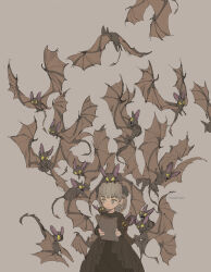 Rule 34 | 1girl, animal, animal on head, artist name, bat (animal), black dress, brown background, brown hair, closed mouth, commentary, cowboy shot, demizu posuka, dress, grey eyes, highres, holding, long sleeves, on head, original, simple background, solo, standing, too many, too many bats