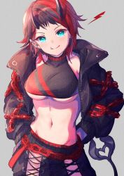 Rule 34 | 1girl, arms behind back, black hair, black jacket, black pants, black sports bra, blue eyes, blush, breasts, chain, closed mouth, commentary request, cowboy shot, cropped jacket, cross-laced pants, demon girl, demon horns, demon tail, ear chain, ear piercing, grey background, highres, horns, ittokyu, jacket, large breasts, looking at viewer, midriff, multicolored hair, nanashi inc., navel, open clothes, open jacket, pants, piercing, pointy ears, red hair, red pants, red sports bra, ryugasaki rene, ryugasaki rene (1st costume), short hair, simple background, smile, solo, sports bra, sugar lyric, tail, two-tone hair, two-tone pants, two-tone sports bra, underboob, virtual youtuber, zipper