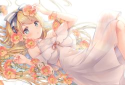 Rule 34 | 1girl, bare shoulders, blonde hair, blue eyes, blush, bow, breasts, closed mouth, collarbone, commentary request, dress, emu alice, flower, gomano rio, hair bow, hair flower, hair ornament, hands up, highres, knees up, liver city, long hair, looking at viewer, lying, medium breasts, messy hair, nail polish, official art, on back, open mouth, parted lips, pink flower, red flower, sleeveless, solo, tareme, white dress