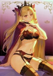 Rule 34 | 1girl, absurdres, arm support, blonde hair, bow, bow bra, bow panties, bra, breasts, cape, choker, cleavage, collarbone, earrings, ereshkigal (fate), fate/grand order, fate (series), garter belt, garter straps, gradient background, hair ornament, hand on own chest, hand up, highres, jewelry, lingerie, long hair, looking at viewer, mashuu (neko no oyashiro), medium breasts, nail polish, navel, panties, parted lips, red eyes, ribbon, scan, simple background, sitting, solo, stomach, thighs, underwear