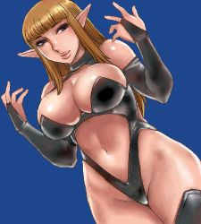 Rule 34 | 1girl, blue background, blue eyes, breasts, brown hair, curvy, elbow gloves, elf, gloves, hip focus, large breasts, lips, long hair, lowres, matoyama, oekaki, pointy ears, solo, thick thighs, thighs
