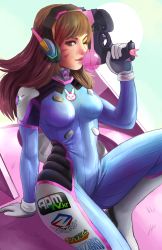 Rule 34 | 1girl, animal print, aqua background, arm support, blizzard (company), bodysuit, bracer, breasts, brown eyes, brown hair, blowing bubbles, charm (object), chewing gum, clothes writing, d.va (overwatch), facepaint, facial mark, finger on trigger, gloves, gun, handgun, headphones, high collar, highres, holding, holding gun, holding weapon, leaning back, leg up, light smile, long hair, looking at viewer, mecha, medium breasts, meka (overwatch), nose, nuryfury, one eye closed, overwatch, overwatch 1, pilot suit, pink lips, pistol, rabbit print, ribbed bodysuit, robot, shoulder pads, sitting, sitting on object, skin tight, solo, swept bangs, weapon, whisker markings, white gloves