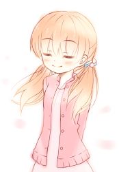 Rule 34 | 1girl, arms behind back, blush, buttons, character check, closed eyes, hair bobbles, hair ornament, jacket, kawamoto hinata, mushuu, orange hair, pink shirt, pink theme, sangatsu no lion, shirt, simple background, smile, solo, twintails, upper body, white background