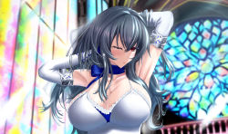 Rule 34 | 1girl, armpits, arms up, azur lane, blush, breasts, cleavage, dress, elbow gloves, gloves, grey hair, highres, kaoru1307, lace, lace-trimmed dress, lace trim, large breasts, long hair, mole, mole under eye, one eye closed, red eyes, saint-louis (azur lane), saint-louis (holy knight&#039;s resplendence) (azur lane), saint-louis (holy knight&#039;s resplendence) (azur lane), stained glass, upper body, white dress, white gloves