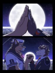 Rule 34 | 2boys, anchor print, animal ears, bara, brown fur, collared shirt, couple, dog boy, dog ears, eye contact, facial hair, from side, full moon, furry, furry male, furry with furry, glowing neckwear, goatee, hand up, hat, highres, holding hands, interlocked fingers, large hands, live a hero, looking at another, male focus, male protagonist (live a hero), mallards, moon, multiple boys, muscular, muscular male, ocean, pectorals, pubraseer (live a hero), sailor, sailor collar, sailor hat, sailor shirt, sequential, shirt, short hair, smile, thick eyebrows, two-tone fur, upper body, yaoi