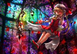 Rule 34 | 1girl, adapted costume, akino rishian, alternate wings, ascot, back bow, blonde hair, bow, breasts, closed mouth, collared shirt, commentary request, flandre scarlet, full body, glowing, glowing eyes, glowing wings, grey socks, hair between eyes, hat, highres, huge bow, large bow, light smile, long hair, looking at viewer, mob cap, multicolored background, multicolored wings, nail polish, one side up, puffy short sleeves, puffy sleeves, red eyes, red footwear, red nails, red petals, red ribbon, red skirt, red vest, ribbon, ribbon-trimmed socks, shirt, shoe soles, short sleeves, skirt, skirt set, sleeve ribbon, small breasts, socks, solo, stained glass, touhou, vest, white bow, white hat, white shirt, wings, wrist cuffs, yellow ascot