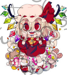 Rule 34 | @ @, ascot, blonde hair, chibi, excited, fangs, flandre scarlet, fua yuu, hat, looking at viewer, mob cap, one side up, red shirt, red skirt, shirt, short hair, skirt, skirt set, stuffed animal, stuffed toy, teddy bear, touhou, vampire, white background, wings, yellow ascot