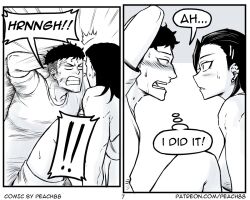 Rule 34 | !, !!, 1boy, 1girl, 2koma, artist name, blush, clenched teeth, collarbone, comic, ear piercing, earrings, english text, exercising, greyscale, hair ornament, hairclip, jewelry, monochrome, muscular, muscular female, original, patreon username, peach88, piercing, sharon wong, shirt, shorts, sit-up, speech bubble, spoken exclamation mark, surprised, sweat, teeth, thought bubble, undercut, veins
