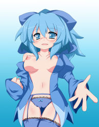 Rule 34 | 1girl, bespectacled, blue eyes, blue hair, breasts, cirno, female focus, garter belt, glasses, highres, matching hair/eyes, navel, no bra, oborotsuki kakeru, open clothes, open shirt, panties, shirt, short hair, solo, thighhighs, touhou, underwear