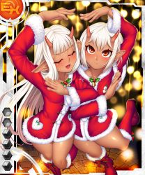 Rule 34 | 2girls, bare legs, bare shoulders, blush, boots, breasts, brown eyes, card (ex-orange), card (ex-sr), card (medium), child, christmas, closed eyes, curvy, dancing, dark-skinned female, dark skin, demon girl, dress, female focus, happy, heart arms, heart arms duo, horns, lilith-soft, long hair, looking at viewer, multiple girls, oni horns, pointy ears, shiny skin, short hair, siblings, sisters, small breasts, smile, sophie (taimanin asagi), taimanin (series), taimanin asagi, taimanin asagi battle arena all card gallery, taimanin asagi kessen arena, take your pick, twins, very long hair, white hair, yuphie (taimanin asagi), zol