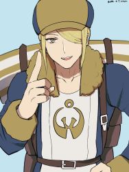 Rule 34 | 1boy, backpack, bag, belt, blonde hair, blue background, blue jumpsuit, brown bag, brown belt, collarbone, commentary request, creatures (company), dated, fur trim, game freak, hair over one eye, hand up, hat, highres, index finger raised, jumpsuit, long sleeves, male focus, nintendo, open mouth, pokemon, pokemon legends: arceus, short hair, signature, smile, solo, teeth, tongue, upper teeth only, volo (pokemon), yamamori kinako, yellow eyes, yellow hat