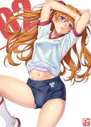 Rule 34 | 1girl, arm behind head, arm up, bloomers, blue eyes, blush, breasts, clothes lift, evangelion: 3.0 you can (not) redo, gym shirt, hair ornament, highres, kneehighs, long hair, looking at viewer, lying, navel, neon genesis evangelion, on back, orange hair, pairan, rebuild of evangelion, red background, shirt, shirt lift, short sleeves, signature, socks, solo, souryuu asuka langley, two side up, underwear, white background, white socks