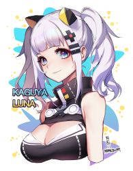 Rule 34 | 1girl, blue eyes, blunt bangs, breasts, character name, cleavage, cleavage cutout, closed mouth, clothing cutout, dated, hair ornament, highres, kaguya luna, large breasts, looking at viewer, mmlyno, short hair, silver hair, sketch, sleeveless, smile, solo, the moon studio, twintails, upper body, virtual youtuber, x hair ornament