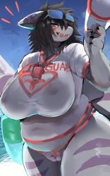 Rule 34 | 1girl, black hair, breasts, furry, furry female, highres, long hair, nukochi, open mouth, red eyes, solo