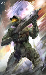 Rule 34 | 1boy, 1girl, armor, assault rifle, blue eyes, blue hair, blue skin, bullpup, colored skin, cortana, gun, halo (game), halo (series), holding, holding gun, holding weapon, looking to the side, looking up, ma5, master chief, moreshan, power armor, rifle, spartan (halo), weapon