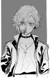 Rule 34 | 1girl, absurdres, blood, blood on face, choker, greyscale, highres, jacket, leo (reiga), looking at viewer, monochrome, nosebleed, o-ring, o-ring choker, open clothes, open jacket, original, parted lips, reiga (act000), shirt, short hair, solo, tomboy