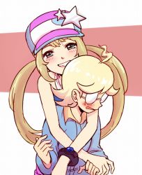 Rule 34 | 1boy, 1girl, ahoge, alternate costume, alternate hairstyle, bad id, bad pixiv id, baseball cap, blonde hair, blush, bracelet, clemont (pokemon), clenched teeth, commentary request, creatures (company), eyelashes, game freak, glasses, green eyes, grin, hat, jewelry, long hair, looking at viewer, matsuno opa, medium hair, nintendo, open mouth, overalls, pokemon, pokemon xy, serena (pokemon), sidelocks, smile, teeth, twintails