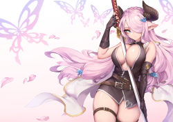 Rule 34 | 1girl, asymmetrical gloves, bare shoulders, belt, belt buckle, between breasts, black dress, black gloves, braid, breasts, buckle, bug, butterfly, cleavage, cowboy shot, crown braid, draph, dress, elbow gloves, fingerless gloves, gloves, granblue fantasy, hair over one eye, hair ribbon, highres, holding, holding sword, holding weapon, horns, bug, katana, large breasts, looking at viewer, mismatched gloves, narmaya (granblue fantasy), no bra, oopartz yang, petals, pink hair, pointy ears, purple eyes, ribbon, short dress, simple background, single fingerless glove, solo, striped, sword, thigh strap, thighs, vertical stripes, weapon, white background