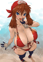 Rule 34 | 1girl, amania orz, beach, bikini, blue eyes, bow hairband, breasts, brown hair, cleavage, creatures (company), foreshortening, game freak, gloves, hair between eyes, hairband, highres, large breasts, may (pokemon), nintendo, open mouth, pokemon, pokemon rse, red bikini, skindentation, solo, swimsuit, water