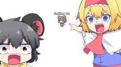 Rule 34 | 3girls, alice margatroid, alternate costume, ascot, bad id, bad twitter id, blonde hair, blue eyes, capelet, commentary, cookie (touhou), dress, english text, fake nyon (cookie), grey hair, hairband, highres, ichigo (cookie), jewelry, looking at viewer, meme, multiple girls, nazrin, nyon (cookie), open mouth, pendant, pink dress, pointing, pointing at another, profanity, red ascot, red eyes, red hairband, red sash, sash, short hair, simple background, totozame, touhou, two soyjaks pointing (meme), upper body, white background, white capelet