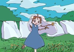 Rule 34 | 1girl, 1nupool, :d, ahoge, arms behind head, arms up, bed sheet, blue dress, blue sky, blush stickers, bow, braid, brown eyes, brown footwear, brown hair, clothes pin, clothesline, cloud, cloudy sky, day, dot nose, dress, drying, drying clothes, falling leaves, floating hair, flower, foot out of frame, grass, hair bow, highres, hill, holding, holding sheet, laundry, leaf, leg up, long hair, long sleeves, looking at viewer, low twintails, medium dress, no pupils, open mouth, original, outdoors, pinafore dress, running, scenery, shade, shirt, shoes, sky, sleeveless dress, smile, solo, standing, tareme, twin braids, twintails, white shirt, wind, yellow bow, yellow flower